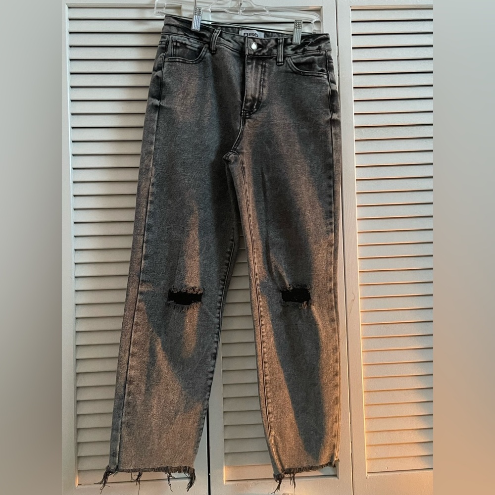 High rise straight leg grey jeans.